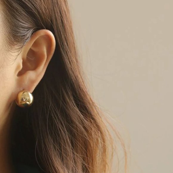 Gold Chunky Round Ball Geometric Sphere Earrings - Picture 2 of 5